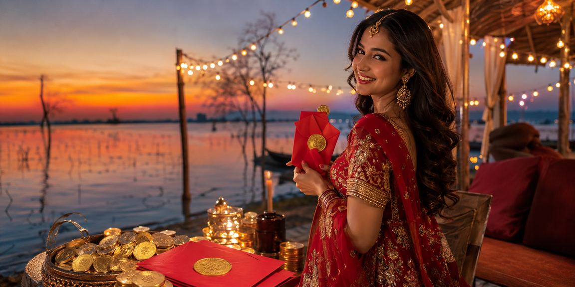 টাঙ্গুয়ার হাওরের প্রাকৃতিক পরিবেশে লাল খামে বোনাস টাকা হাতে একজন উৎফুল্ল ব্যবহারকারী